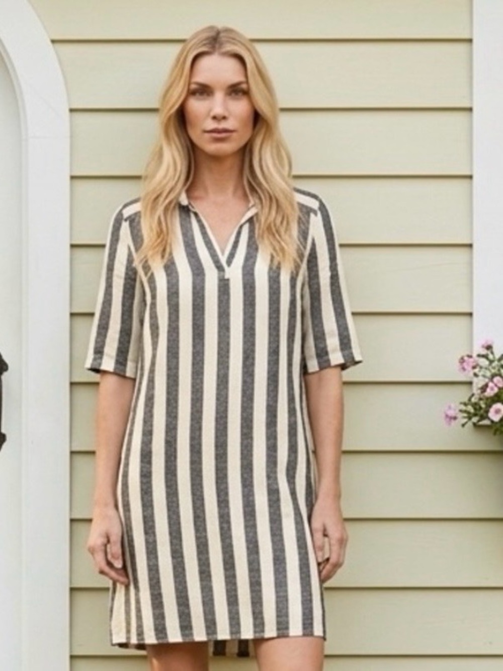 Lord & Taylor 100% Linen Summer Striped Dark Gray White Short Sleeve Dress-M